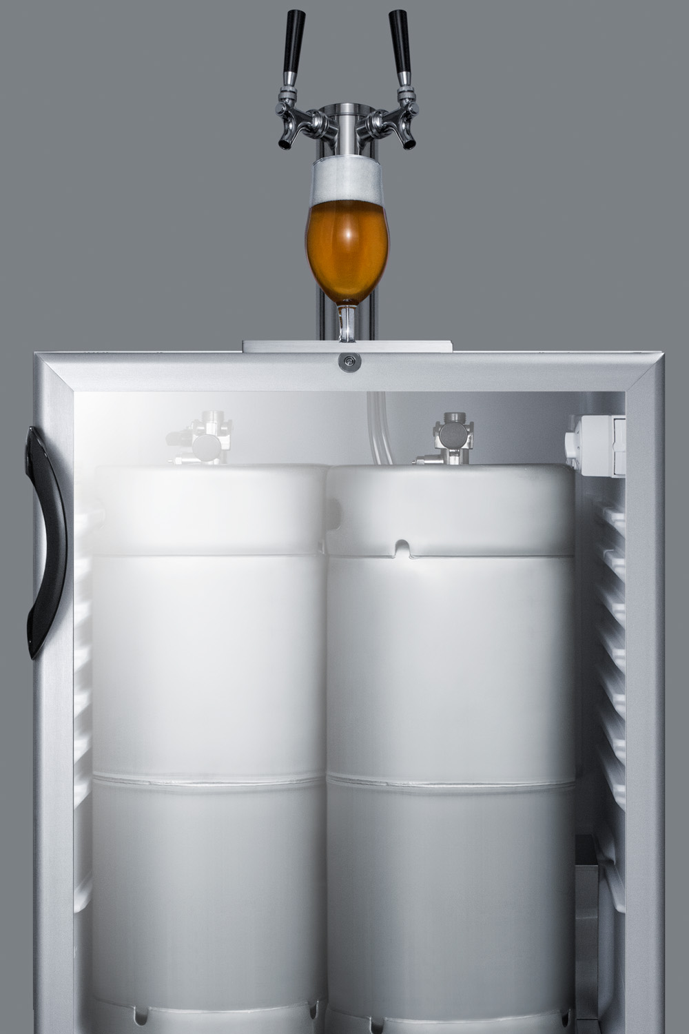 Built-in undercounter ADA height commercially listed dual tap beer dispenser with glass door, lock, and black cabinet